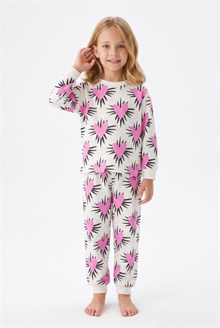 Kız Çocuk Baskılı  %100 Pamuk Süprem Kumaş Reaktif Boyama Uzun Kollu Pijama Takımı
