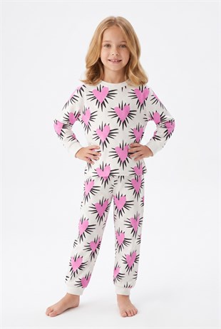 Kız Çocuk Baskılı  %100 Pamuk Süprem Kumaş Reaktif Boyama Uzun Kollu Pijama Takımı