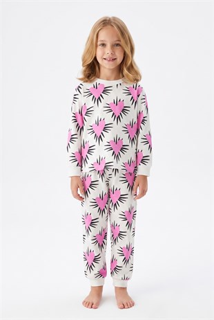 Kız Çocuk Baskılı  %100 Pamuk Süprem Kumaş Reaktif Boyama Uzun Kollu Pijama Takımı