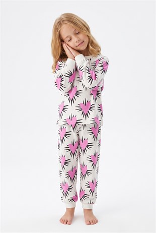 Kız Çocuk Baskılı  %100 Pamuk Süprem Kumaş Reaktif Boyama Uzun Kollu Pijama Takımı