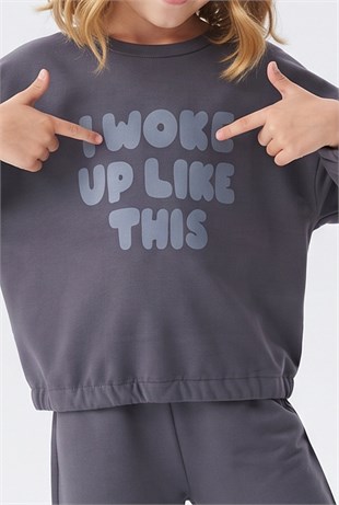 Kız Çocuk Baskılı Sweatın Eteği Lastikli %100 Pamuk Süprem Penye Kumaş Uzun Kollu Bol Paçalı Pijama Takımı