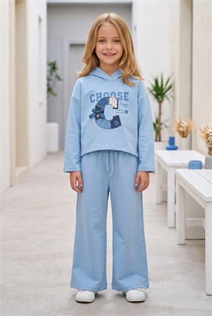 Kız Çocuk Choose Happy Baskılı %100 Pamuk İki İplik Kapşonlu Bol Paça Pantolonlu Takım