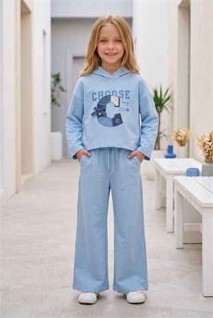 Kız Çocuk Choose Happy Baskılı %100 Pamuk İki İplik Kapşonlu Bol Paça Pantolonlu Takım