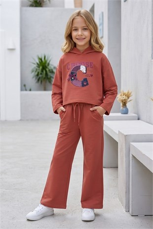 Kız Çocuk Choose Happy Baskılı %100 Pamuk İki İplik Kapşonlu Bol Paça Pantolonlu Takım