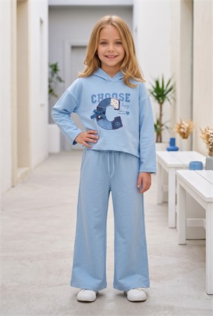 Kız Çocuk Choose Happy Baskılı %100 Pamuk İki İplik Kapşonlu Bol Paça Pantolonlu Takım