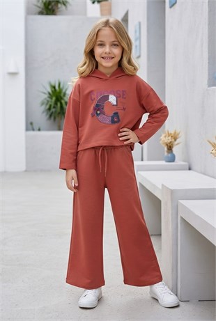 Kız Çocuk Choose Happy Baskılı %100 Pamuk İki İplik Kapşonlu Bol Paça Pantolonlu Takım