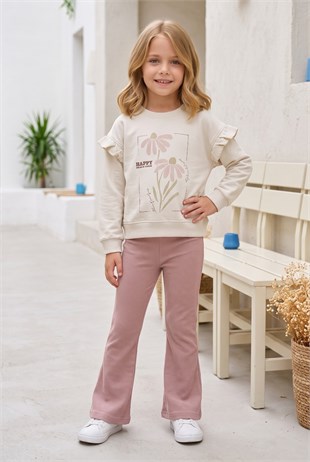 Kız Çocuk Çiçek Baskılı %100 Pamuk İki İplik Kumaş Fırçalı Sweatshirt Ve Fitilli İspanyol Paça Pantolonlu Takım