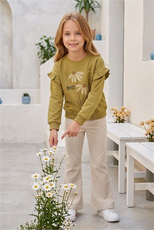 Kız Çocuk Çiçek Baskılı %100 Pamuk İki İplik Kumaş Fırçalı Sweatshirt Ve Fitilli İspanyol Paça Pantolonlu Takım