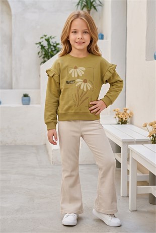 Kız Çocuk Çiçek Baskılı %100 Pamuk İki İplik Kumaş Fırçalı Sweatshirt Ve Fitilli İspanyol Paça Pantolonlu Takım