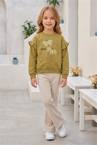 Kız Çocuk Çiçek Baskılı %100 Pamuk İki İplik Kumaş Fırçalı Sweatshirt Ve Fitilli İspanyol Paça Pantolonlu Takım