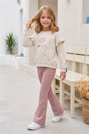 Kız Çocuk Çiçek Baskılı %100 Pamuk İki İplik Kumaş Fırçalı Sweatshirt Ve Fitilli İspanyol Paça Pantolonlu Takım