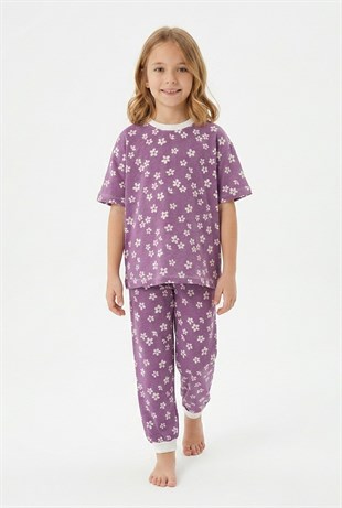 Kız Çocuk Çiçek Desenli %100 Pamuk Süprem Penye Kumaş Kısa Kollu Pijama Takımı