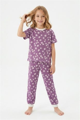 Kız Çocuk Çiçek Desenli %100 Pamuk Süprem Penye Kumaş Kısa Kollu Pijama Takımı