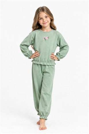Kız Çocuk Çiçek Nakışlı Kol ve Paça Büzgülü %100 Pamuk Süprem Kumaş Uzun Kollu Pijama Takımı