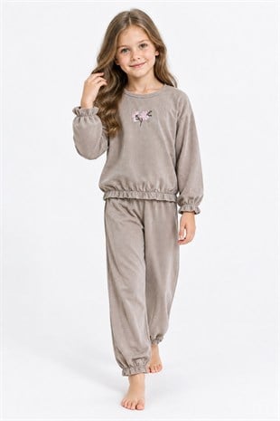 Kız Çocuk Çiçek Nakışlı Kol ve Paça Büzgülü %100 Pamuk Süprem Kumaş Uzun Kollu Pijama Takımı