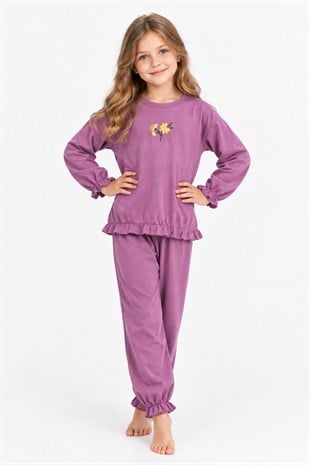 Kız Çocuk Çiçek Nakışlı Kol ve Paça Büzgülü %100 Pamuk Süprem Kumaş Uzun Kollu Pijama Takımı