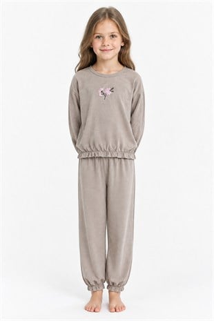 Kız Çocuk Çiçek Nakışlı Kol ve Paça Büzgülü %100 Pamuk Süprem Kumaş Uzun Kollu Pijama Takımı