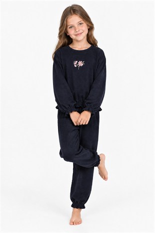 Kız Çocuk Çiçek Nakışlı Kol ve Paça Büzgülü %100 Pamuk Süprem Kumaş Uzun Kollu Pijama Takımı