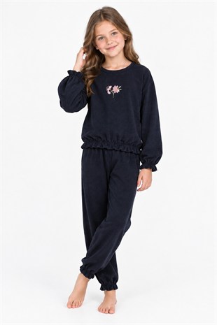 Kız Çocuk Çiçek Nakışlı Kol ve Paça Büzgülü %100 Pamuk Süprem Kumaş Uzun Kollu Pijama Takımı