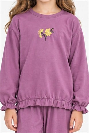 Kız Çocuk Çiçek Nakışlı Kol ve Paça Büzgülü %100 Pamuk Süprem Kumaş Uzun Kollu Pijama Takımı