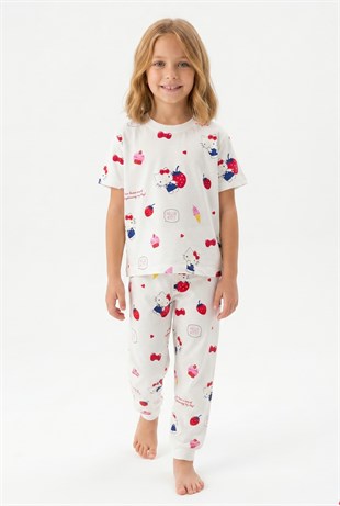 Kız Çocuk Çilek ve Dondurma Desenli %100 Pamuk Reaktif Boyama Süprem Kumaş Kısa Kollu Pijama Takımı