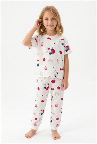 Kız Çocuk Çilek ve Dondurma Desenli %100 Pamuk Reaktif Boyama Süprem Kumaş Kısa Kollu Pijama Takımı