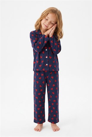 Kız Çocuk Düğmeli Kalp Baskılı %100 Pamuk Süprem Kumaş Reaktif Boyama Uzun Kollu Pijama Takımı