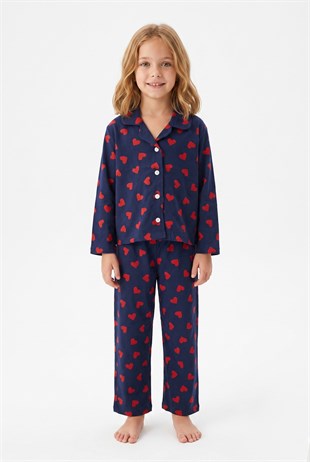Kız Çocuk Düğmeli Kalp Baskılı %100 Pamuk Süprem Kumaş Reaktif Boyama Uzun Kollu Pijama Takımı
