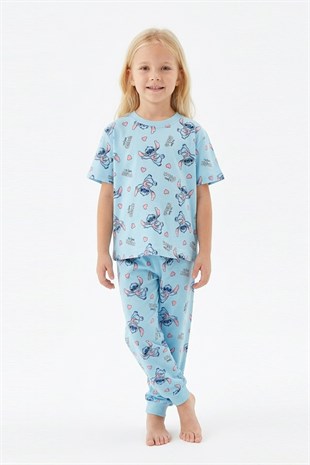 Kız Çocuk Figürlü ve Kalp Desenli %100 Pamuk Reaktif Boyalı Süprem Kumaş Kısa Kollu Pijama Takımı