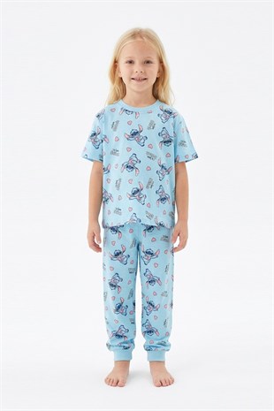 Kız Çocuk Figürlü ve Kalp Desenli %100 Pamuk Reaktif Boyalı Süprem Kumaş Kısa Kollu Pijama Takımı