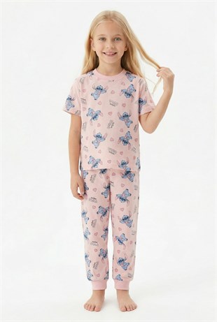 Kız Çocuk Figürlü ve Kalp Desenli %100 Pamuk Penye Süprem Kumaş Kısa Kollu Pijama Takımı