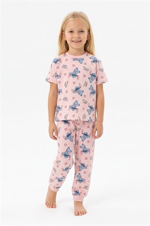 Kız Çocuk Figürlü ve Kalp Desenli %100 Pamuk Reaktif Boyalı Süprem Kumaş Kısa Kollu Pijama Takımı