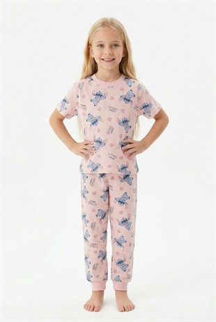 Kız Çocuk Figürlü ve Kalp Desenli %100 Pamuk Penye Süprem Kumaş Kısa Kollu Pijama Takımı
