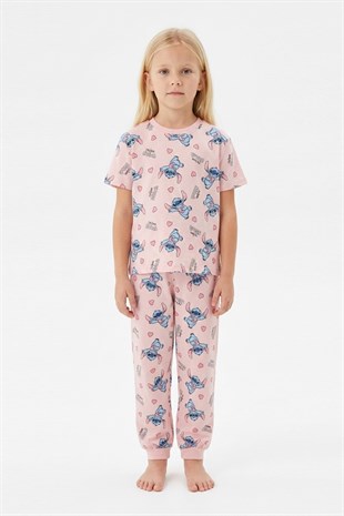 Kız Çocuk Figürlü ve Kalp Desenli %100 Pamuk Reaktif Boyalı Süprem Kumaş Kısa Kollu Pijama Takımı