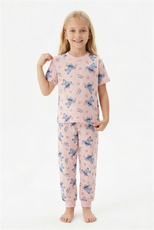 Kız Çocuk Figürlü ve Kalp Desenli %100 Pamuk Penye Süprem Kumaş Kısa Kollu Pijama Takımı