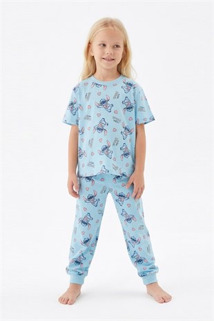Kız Çocuk Figürlü ve Kalp Desenli %100 Pamuk Reaktif Boyalı Süprem Kumaş Kısa Kollu Pijama Takımı