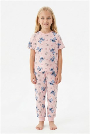 Kız Çocuk Figürlü ve Kalp Desenli %100 Pamuk Penye Süprem Kumaş Kısa Kollu Pijama Takımı