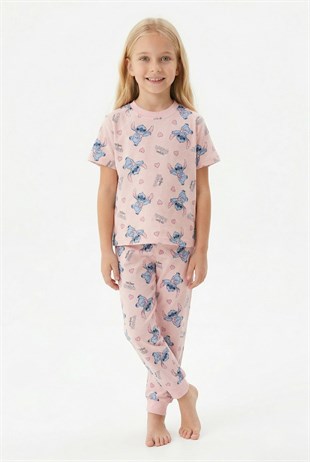 Kız Çocuk Figürlü ve Kalp Desenli %100 Pamuk Penye Süprem Kumaş Kısa Kollu Pijama Takımı