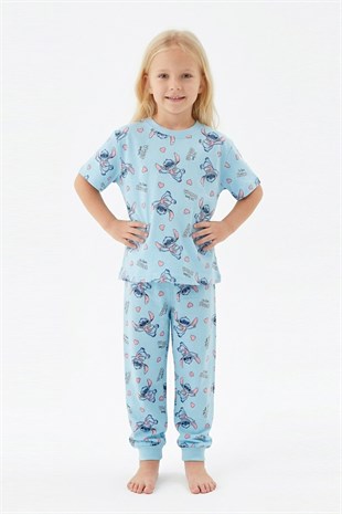 Kız Çocuk Figürlü ve Kalp Desenli %100 Pamuk Reaktif Boyalı Süprem Kumaş Kısa Kollu Pijama Takımı