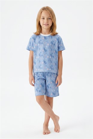 Kız Çocuk Flamingo ve Yaprak Desenli %100 Pamuk Reaktif Boyama Süprem Kumaş Kısa Kollu Şortlu Pijama Takımı