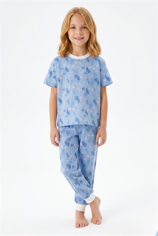 Kız Çocuk Flamingo ve Yaprak Desenli %100 Pamuk Süprem Penye Kumaş Kısa Kollu Pijama Takımı
