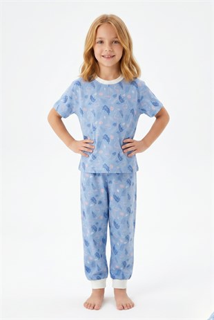 Kız Çocuk Flamingo ve Yaprak Desenli %100 Pamuk Süprem Penye Kumaş Kısa Kollu Pijama Takımı