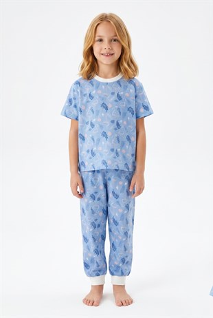 Kız Çocuk Flamingo ve Yaprak Desenli %100 Pamuk Süprem Penye Kumaş Kısa Kollu Pijama Takımı