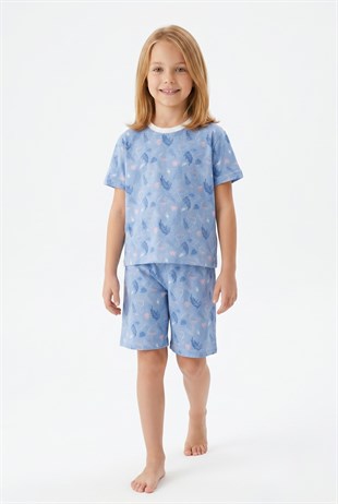 Kız Çocuk Flamingo ve Yaprak Desenli %100 Pamuk Reaktif Boyama Süprem Kumaş Kısa Kollu Şortlu Pijama Takımı