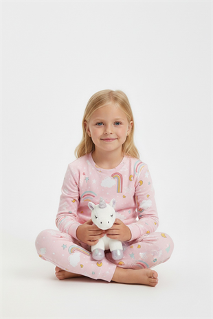 Kız Çocuk Gökkuşağı Baskılı %100 Pamuk İnterlok Kumaş Uzun Kollu Pijama Takımı