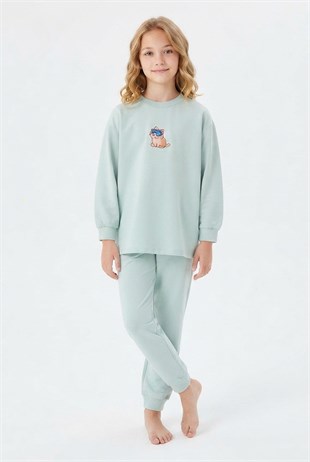 Kız Çocuk Göz Bantlı Uykucu Kedi Baskılı %100 Pamuk Süprem Kumaş Düz Uzun Kollu Pijama Takımı