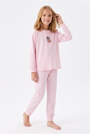 Kız Çocuk Göz Bantlı Uykucu Kedi Baskılı %100 Pamuk Süprem Kumaş Düz Uzun Kollu Pijama Takımı