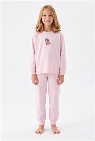 Kız Çocuk Göz Bantlı Uykucu Kedi Baskılı %100 Pamuk Süprem Kumaş Düz Uzun Kollu Pijama Takımı