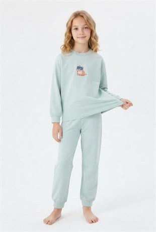 Kız Çocuk Göz Bantlı Uykucu Kedi Baskılı %100 Pamuk Süprem Kumaş Düz Uzun Kollu Pijama Takımı