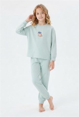 Kız Çocuk Göz Bantlı Uykucu Kedi Baskılı %100 Pamuk Süprem Kumaş Düz Uzun Kollu Pijama Takımı